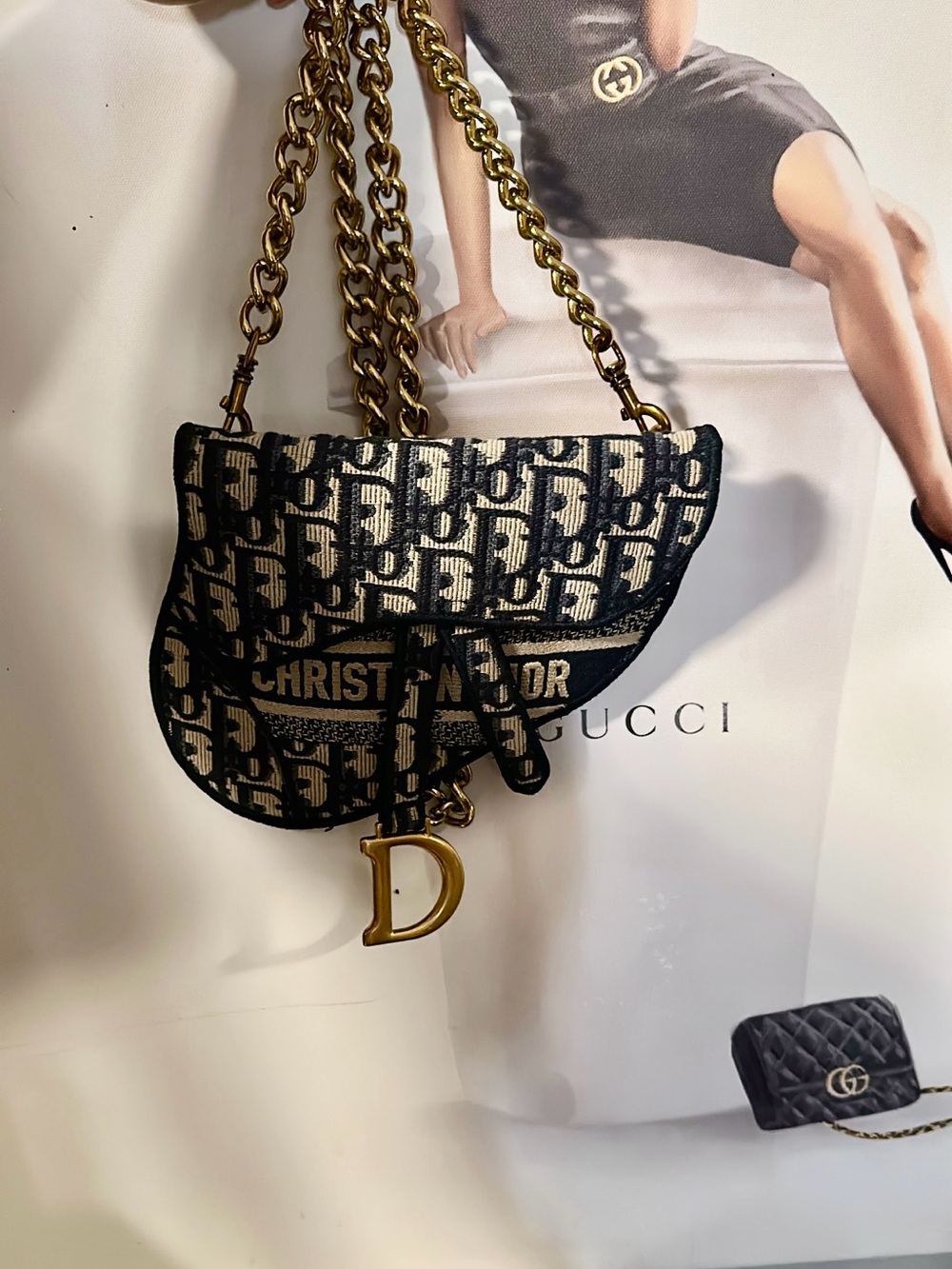 Dior Black and Cream Saddle Shoulder Bag with Gold Chain - Picture 1 of 3